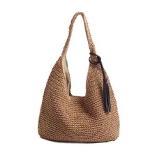 Hand-woven Soft Large Straw Shoulder Bag with Black Tassels Boho Straw Handle...