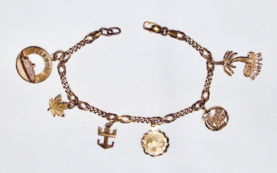 14K YELLOW GOLD 6 TRAVEL CHARM BRACELET 7 1/8'' ITALY LIBRA BERMUDA PUERTO RICO