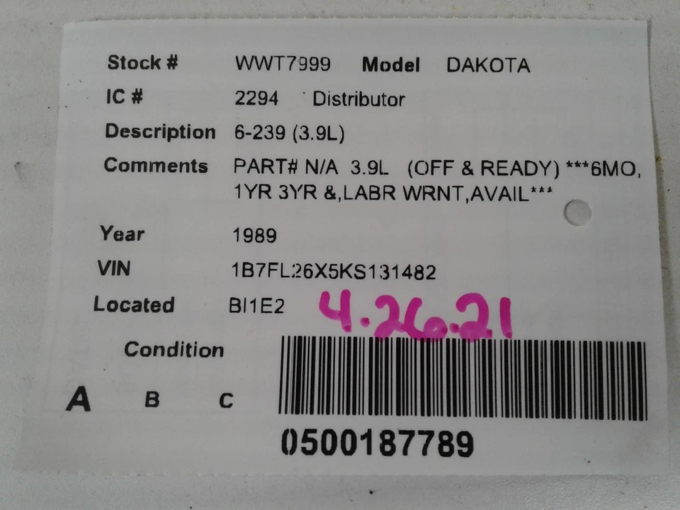 Used Distributor fits: 1989 Dodge Dakota 6-239 3.9 Grade A - Image 3 of 4