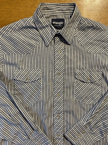 Wrangler Western Shirt XL Blue White Stripe Pearl Snap Cowboy Rodeo 75201AA. Y2K