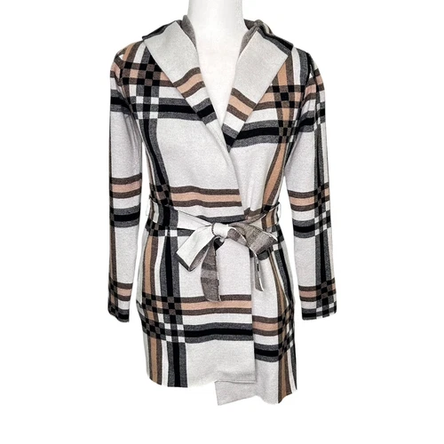 OFF WHITE Cappotto maglione Christian Siriano NY panna nero marrone a quadri aperto davanti con cappuccio XS