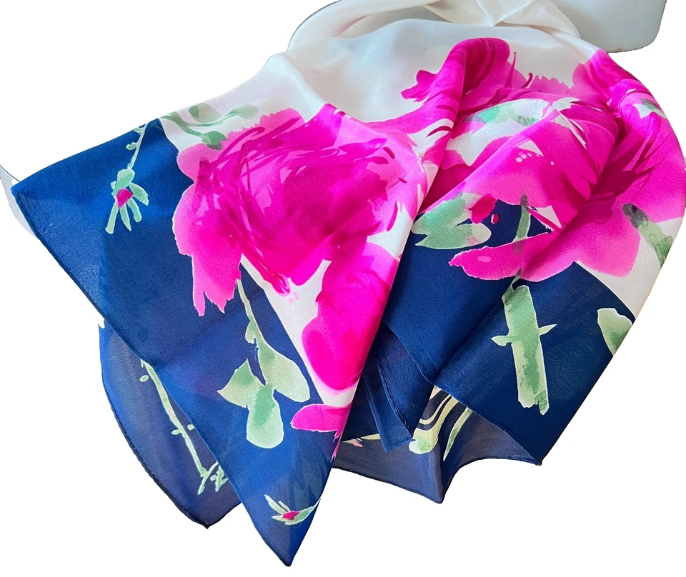 复古 Vera Neumann 粉色玫瑰蓝色花卉 28 英寸方形围巾丝绸日本手工卷 — 第 2/4 张图片
