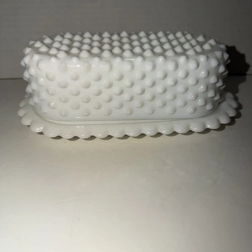 Fenton Hobnail Milk Glass Covered Butter Dish With Scalloped Edge Vintage