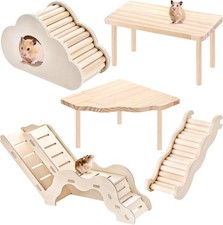 5-in-1 Wooden Hamster Toys Set, Hamster House Hideout with Ladder, Bridge, Platf
