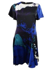 DKNY Women's Printed Flare-Sleeve Dress (8, Blueberry Multi)