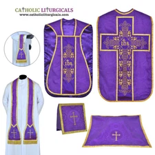 NEW VIOLET Fiddleback Chasuble Mass Vestment set Veil,Maniple,Stole,Burse,pall