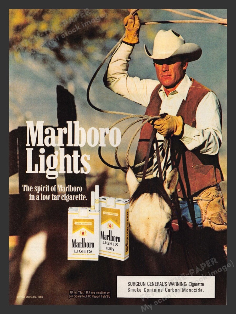 Marlboro Lights Cigarettes Roping Cowboy Corral 1980s Print