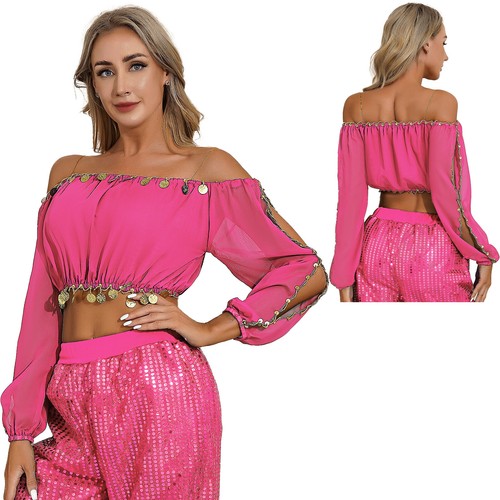 FEESHOW Women Belly Dance Tops Costume Puff Sleeve Loose Fit Crop Top AU - Picture 16 of 47