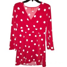 Oscar De La Renta Faux Wrap Polka Dot V Neck Tunic Red White Medium
