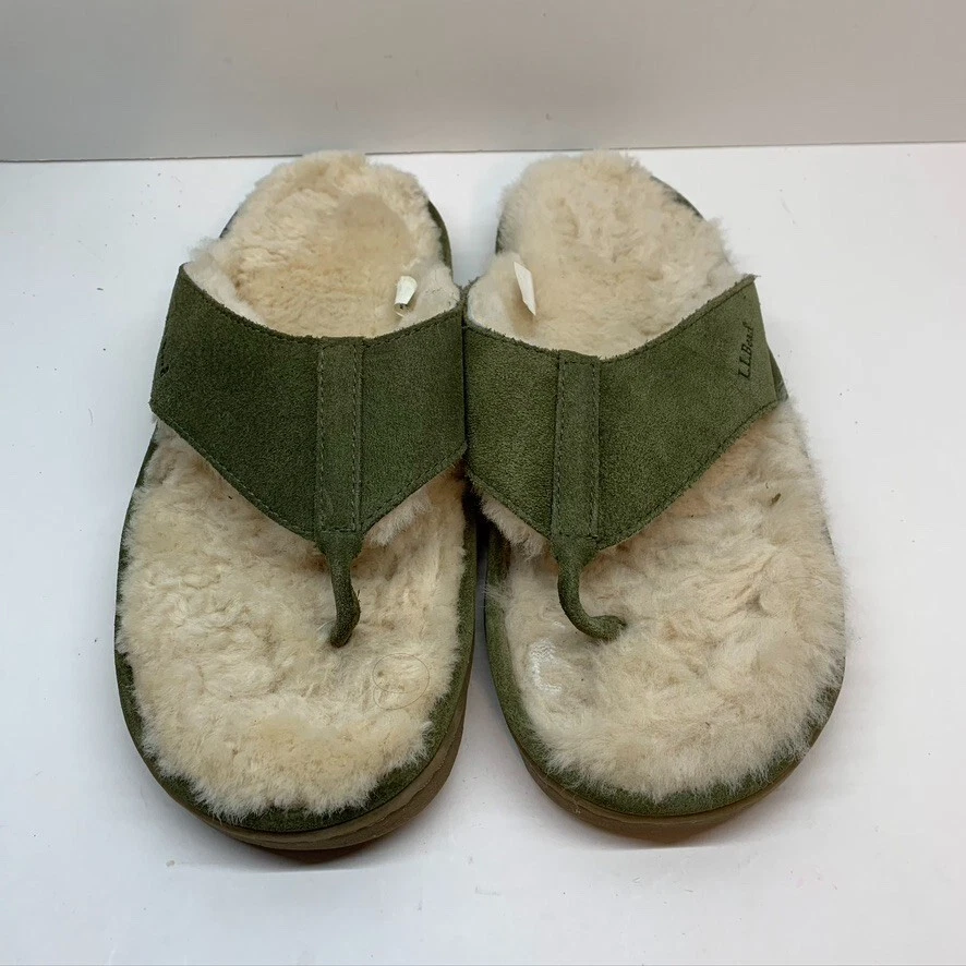 LL Bean Sherpa Lined Flip Flops Womens Size 10 Green Suede