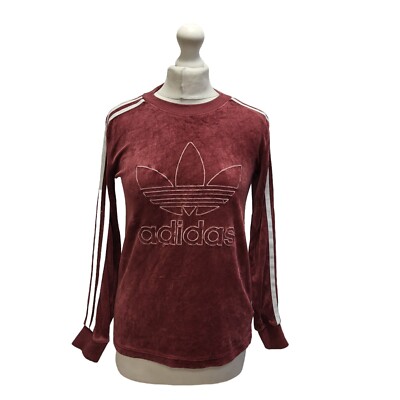 Adidas Sports Sweatshirt Velour Burgundy Crew Neck Womens UK