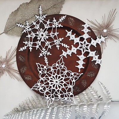 3 Christmas Snowflakes Crochet Pattern: PDF Full Description with crochet charts