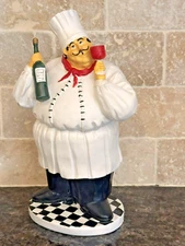 French Chef Figurine with Wine Bottle & Glass - Whimsical Kitchen Decor