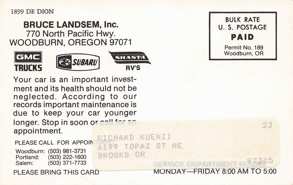 Woodburn OR Oregon Bruce Landsem Car Dealer Subaru GMC Shasta RV Vtg