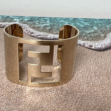 FENDI Gold Tone FF Logo Wide Openwork Cuff Bracelet Signed Metal No Stone