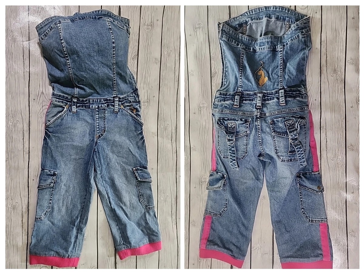 VTG Y2K Baby Phat Embroidered Denim Jumpsuit Capri Strapless Size