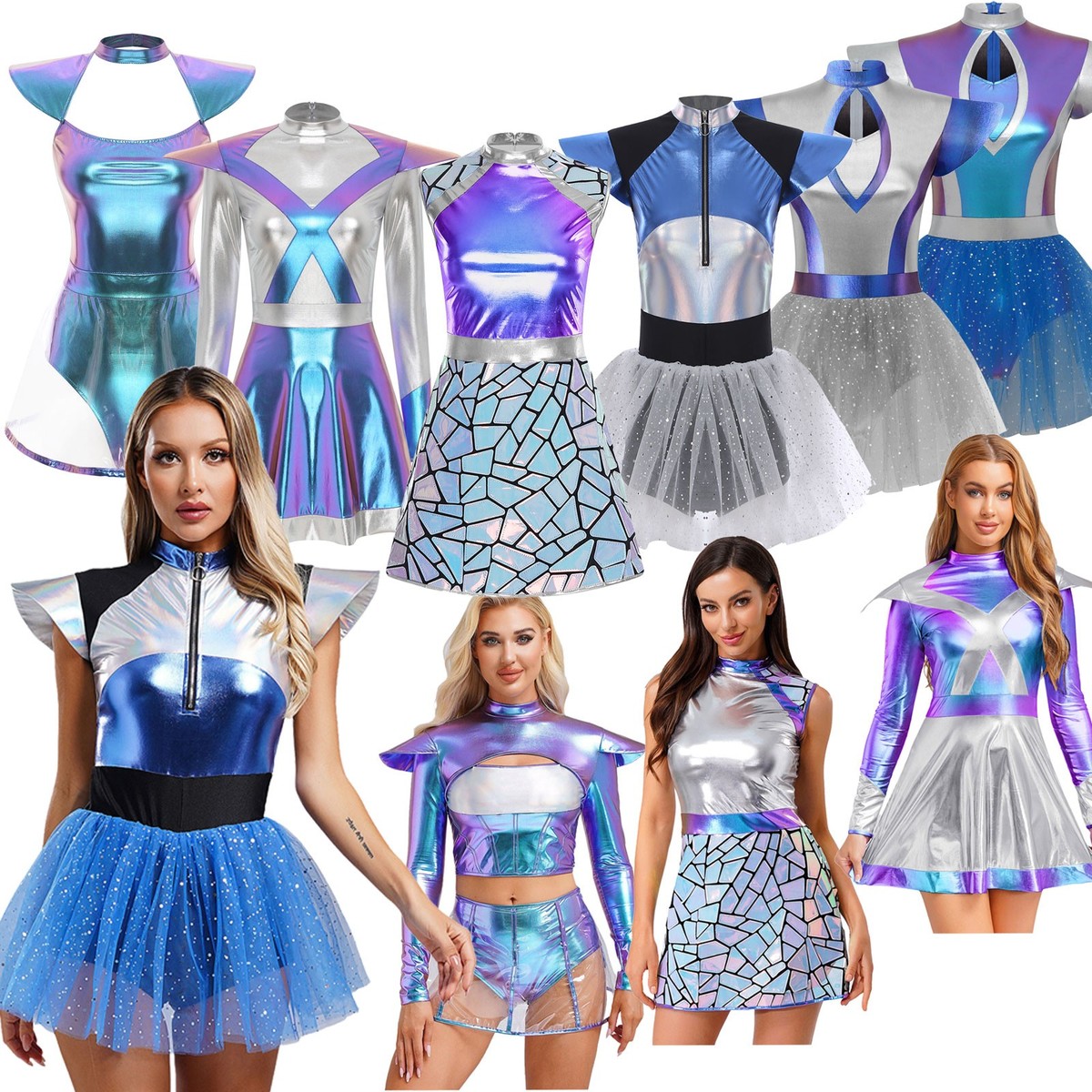 knee length dresses for ladies 1980s Metallic Futuristic Party Mini Dress