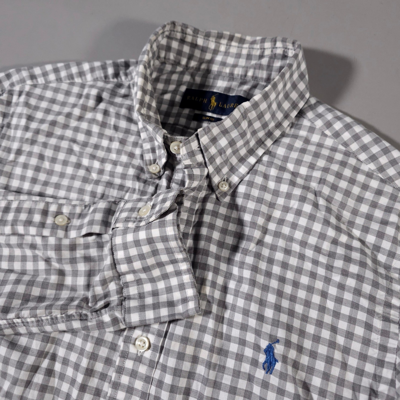 Ralph Lauren Button Down Shirt Mens Medium Grey Gingham Slim Fit Long Sleeve