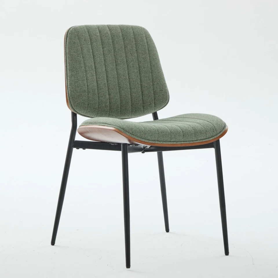 Juego de 2 sillas de comedor de tela de lino con respaldo de madera curvada de nogal asiento tapizado verde Foto 4 de 4