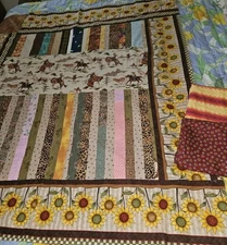 Sunflowers/Fall/Cowboy Themed Unfinished Quilt Top 64" X 56"  & 2 Extra Fabrics