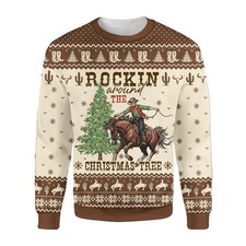 Cowboy Rockin Around the Christmas Tree Ugly Sweater Western Holiday
