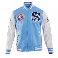 Chicago Sox Varsity Jacket Blue Wool & White Leather Men’s Bomber Custom Size