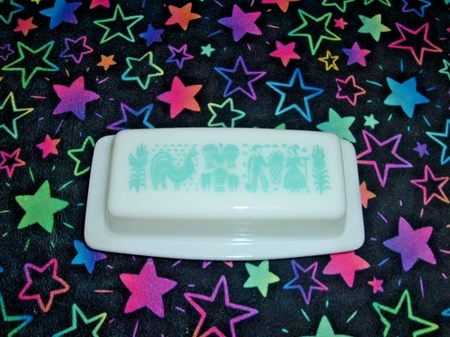 Vintage Pyrex Amish Butterprint Turquoise Butter Dish White Milk Glass