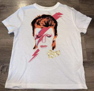 David Bowie Aladdin Sane Shirt Forever 21 Ladies Sz M 13/14 White 18  Pit 2 Pit