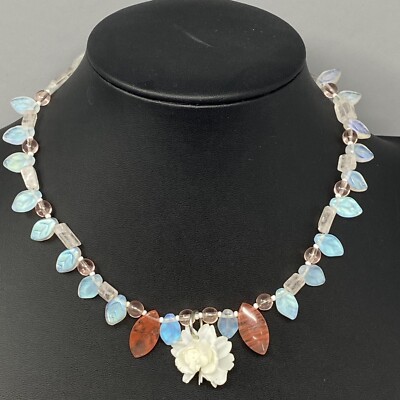 VTG Necklace Cloudy Quartz Coated Leaf Beads Iridescent 925 Clasp Flower 15''