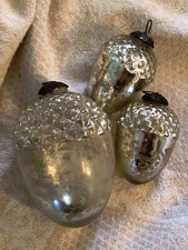VINTAGE KUGEL STYLE SILVER CRACKLE MERCURY GLASS ACORN ORNAMENTS - SET OF 3