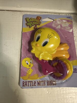 Tweety Bird Baby Rattle w Rings Looney Tunes 0-18 Mo. BPA Free WB Teether Keys