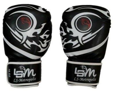 LEATHER AND SPORTS METROPOLIS 10 Unzen schwarze Tattoo Hybrid Boxhandschuhe für Erwachsene