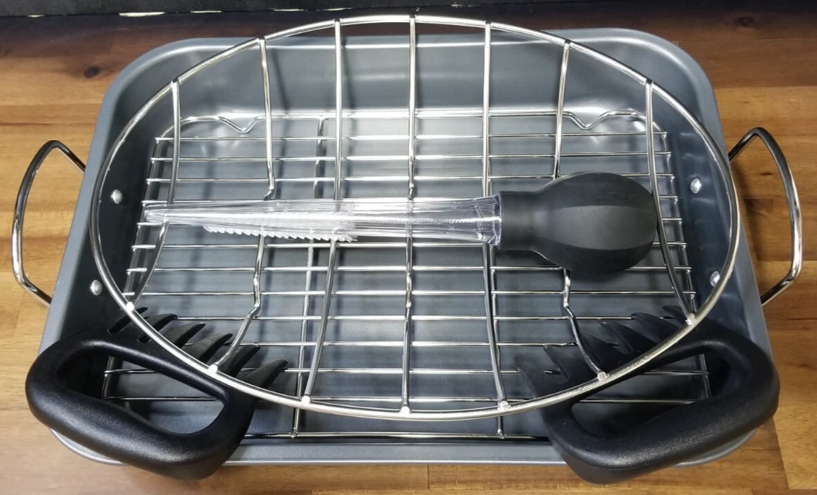 Clavany Roasting Pan With 2 Racks A Baster, Cleaning Brush, And Pair Meat Claws