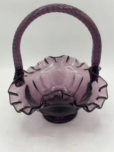 Fenton Art Glass Ruffled Purple Basket With Twisted Handle & signed