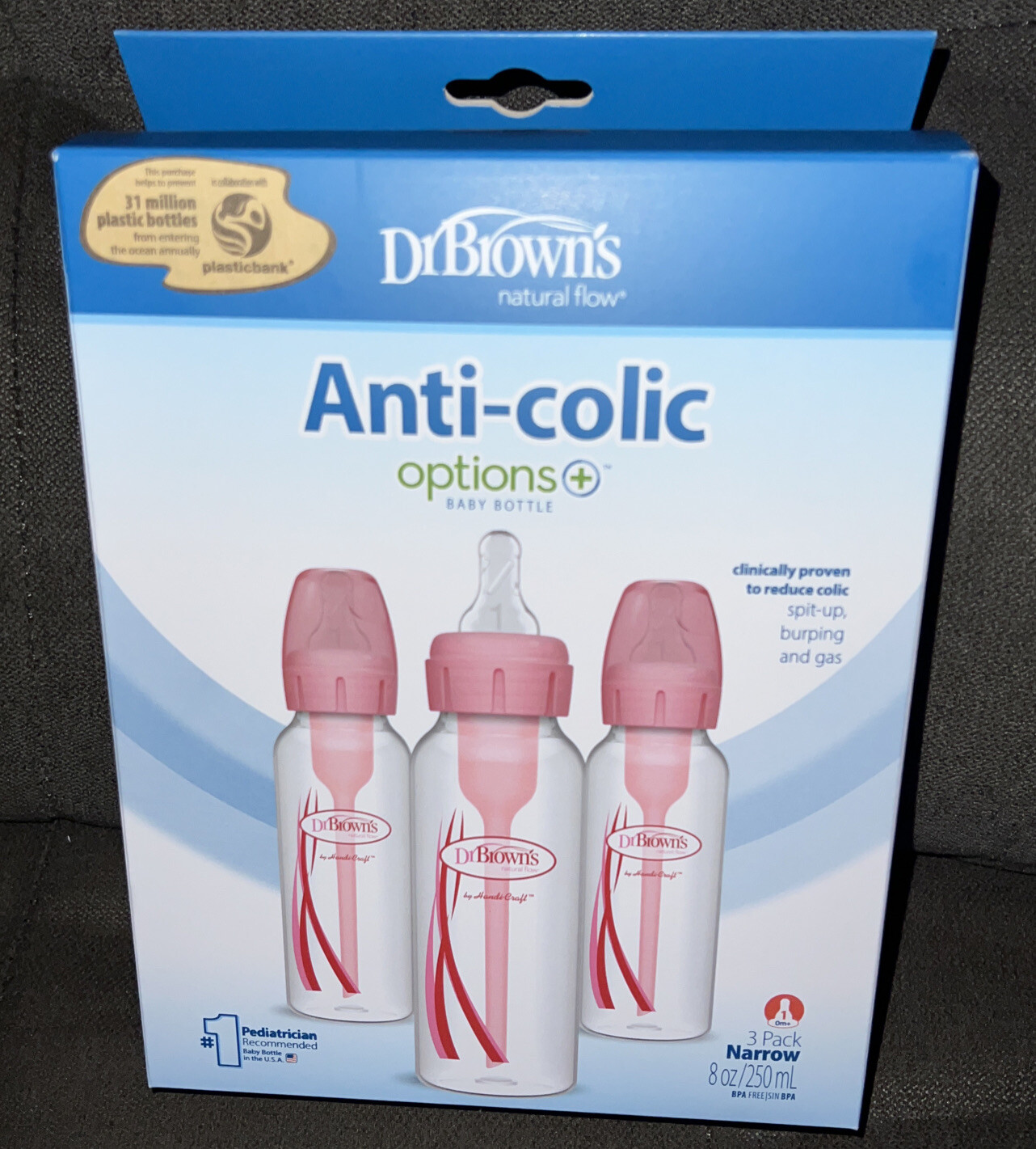 Dr. Brown's Options+Anti-Colic Baby Bottles, PINK 8Oz 0 Months+ Level 1🍼3-Pack