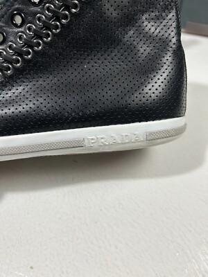 PRADA Womens 36.5 Black Perforated Leather High Top Sneakers Shoes