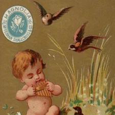 c1890 Magnolia Ham Trade Card Baby Flute Bird McFerran Shallcross Louisville KY