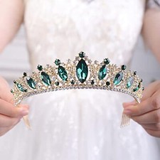 JWICOS Crystal Tiara with Comb for Women Queen Crown Wedding Bridal Party Green