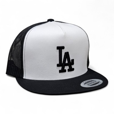 3D LA BLACK Embroidered WHITE & BLACK Flat Bill Snapback Yupoong Trucker Hat NEW