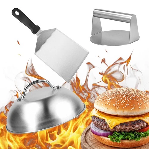 Smash Burger Set Burgerpresse Hamburgerpresse Plancha Spachtel Burgerhaube 3tlg.