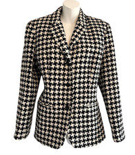 Vintage Liz Claiborne Black White Houndstooth Plaid Wool Blend Blazer Petite L