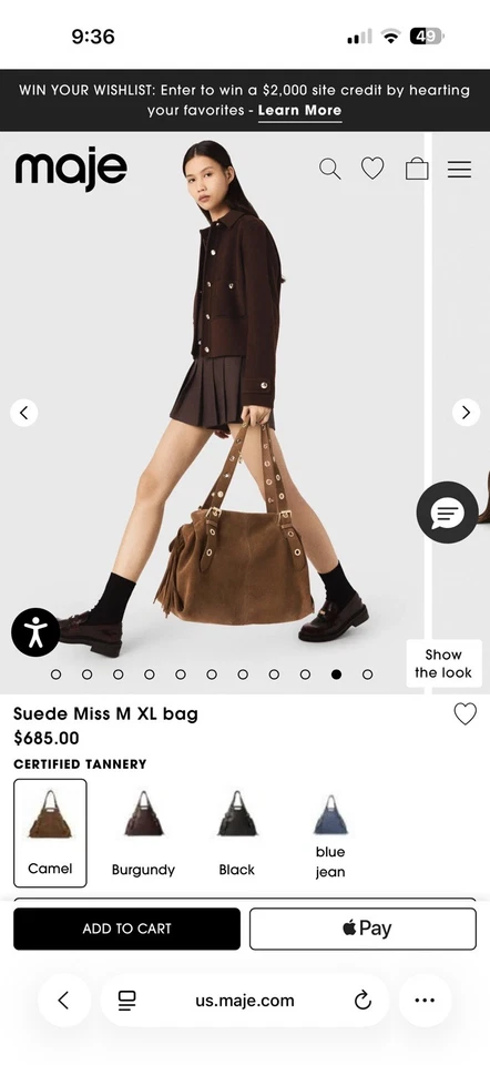 Bolso de Mano Maje Paris Marrón Gamuza Flecos con Ojal Correas de Cuero Boho Chic Foto 4 de 4