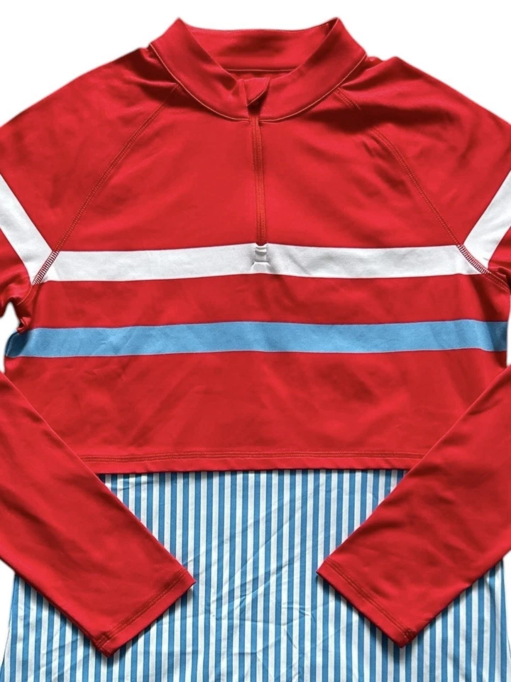 G/FORE Топ женщин S красный белый в полоску гольф четверть молнии длинным рукавом эластичной - Изображение 3 из 4