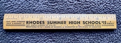 1930's-1940's Wood Ruler 6'' Rhodes Prep School New York CIty Advertising