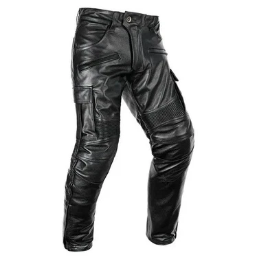 Pantalon en cuir de motard matelassé noir pour hommes | Pantalon cargo en cui... - Photo 1/4