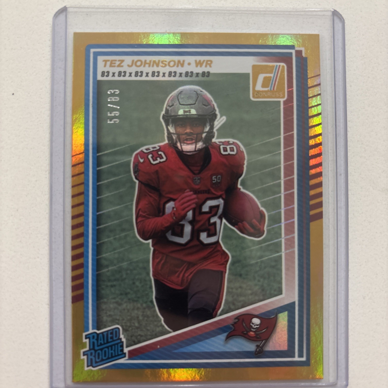 2025 Panini Donruss Rated Rookie Tez Johnson Gold Jersey Number /83 RC Tampa Bay