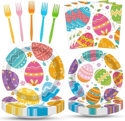 100 Pcs Easter Egg Tableware Party Supplies Set, Serves 25   Disposable Colorful