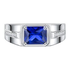 Men 925 Silver Ring Lab-Created Blue Sapphire Wedding Band Wedding Ring for Him
