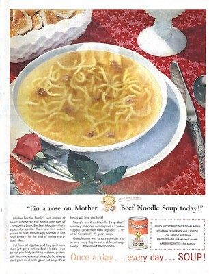 #ad 1956 Campbell#x27;s Beef Noodle Soup Vintage Print Ad Pin A Rose On Mother $11.99