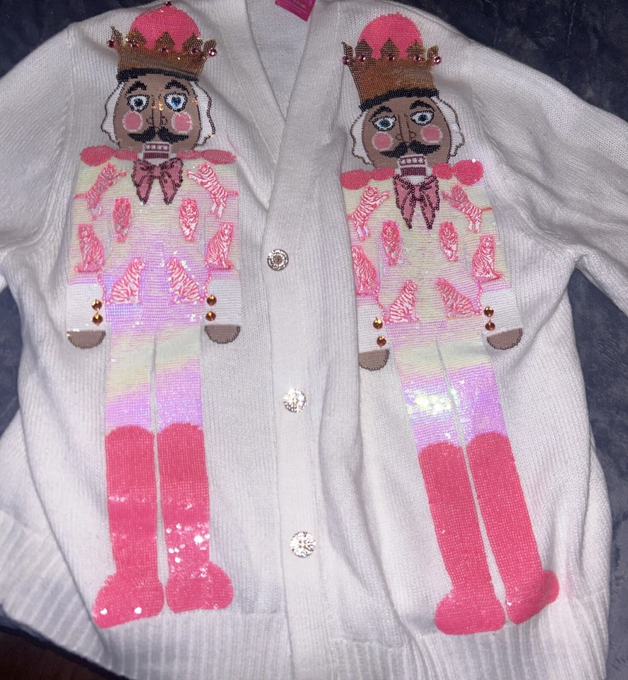 Queen of Sparkles Women's Medium White Pink Long Sleeve nutcracker cardigan - Image 2 of 4